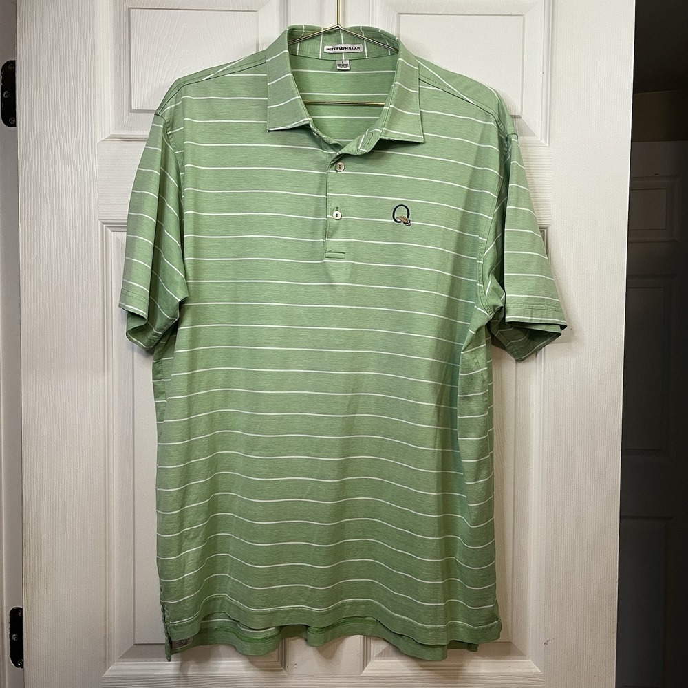 Peter Millar Quail Hollow Club Polo Shirt Mens L Green Striped Y2K 100% Cotton